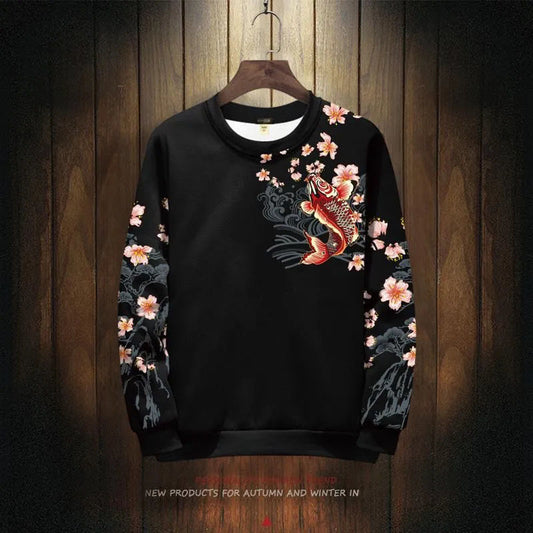 Men's Koi Sweater Round Neck Long Sleeve Retro Hooded Brushed Hoody