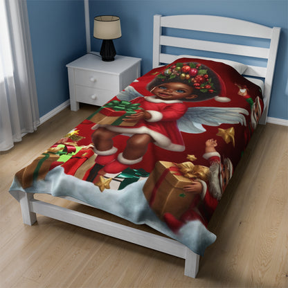 Velveteen Plush Christmas Blanket 'Santa Elves'