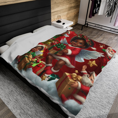 Velveteen Plush Christmas Blanket 'Santa Elves'