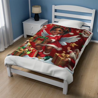 Velveteen Plush Christmas Blanket 'Santa Elves'