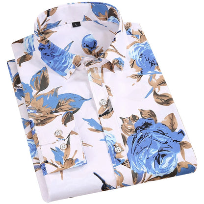 Men's Floral Print Shirts Long Sleeve Casual Shirts Flower Printing Polyester Thin Hawaiian Slim Fit Dress Shirt Men Clothing