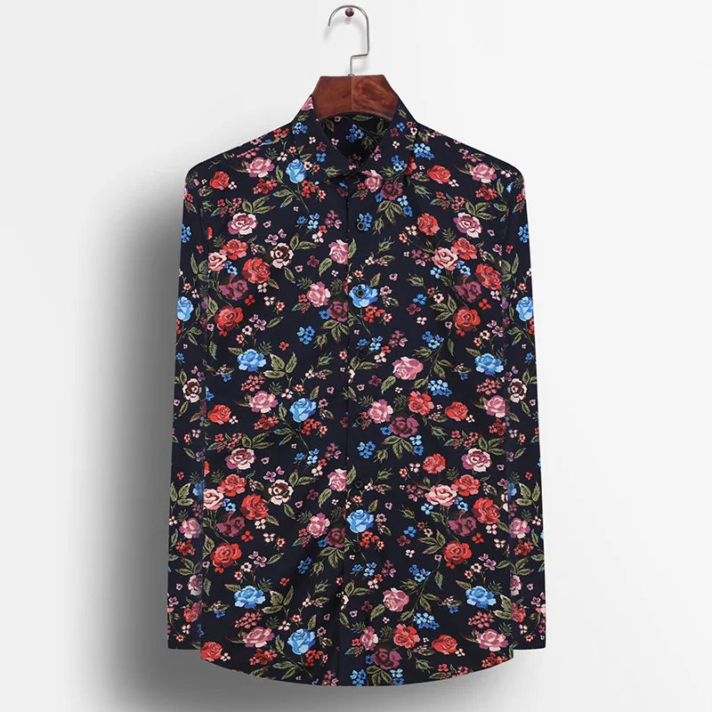 Men Floral Printing Shirt High Quality Casual Fashion Long Sleeve Printed Flower shirts Dress Slim Fit