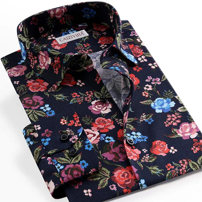 Men Floral Printing Shirt High Quality Casual Fashion Long Sleeve Printed Flower shirts Dress Slim Fit