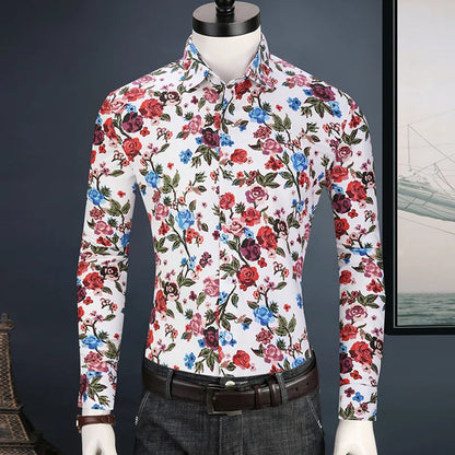 Men Floral Printing Shirt High Quality Casual Fashion Long Sleeve Printed Flower shirts Dress Slim Fit