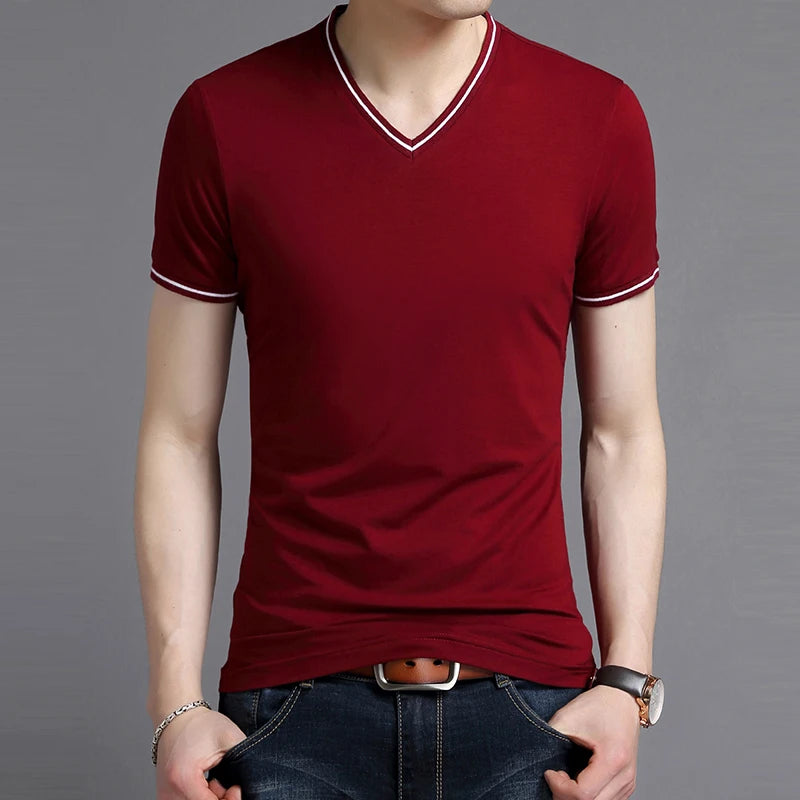 2023 New Fashion Brand Tshirt Mens V Neck Solid Color Summer Trends Tops Street Wear Top Grade Short Sleeve T-Shirt Men Clothing