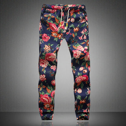 Linen Pants Men New Fashion Men Floral Print Drawstring Male Casual Summer Pants