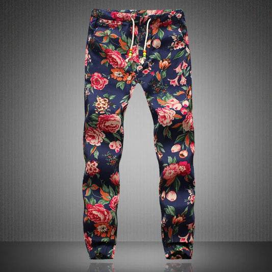 Linen Pants Men New Fashion Men Floral Print Drawstring Male Casual Summer Pants