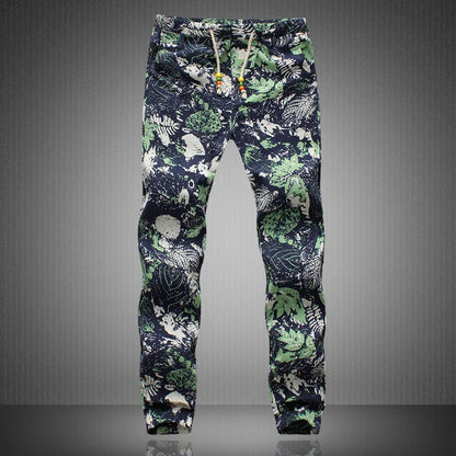 Linen Pants Men New Fashion Men Floral Print Drawstring Male Casual Summer Pants