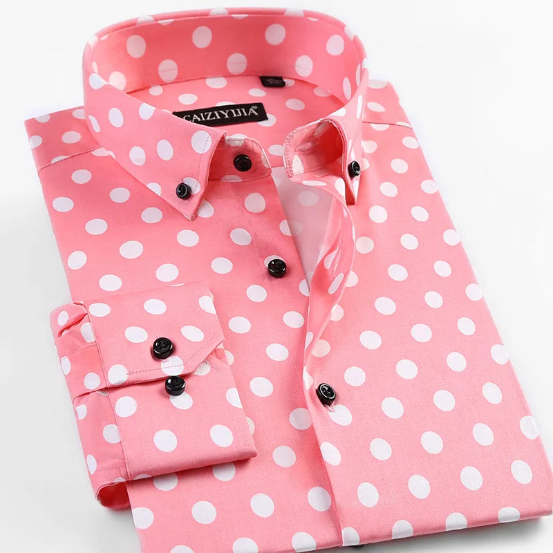 Men's Polka Dot Printing Long Sleeve Shirt Fashion Male Dress Shirts Casual Formal Cotton Clothing