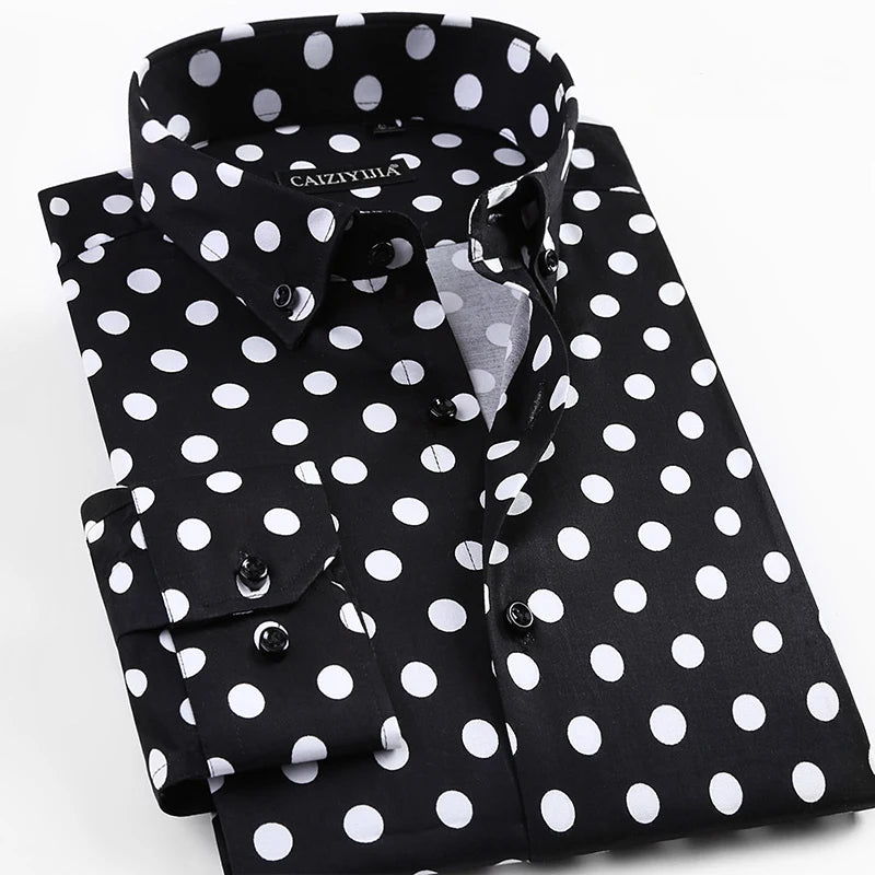 Men's Polka Dot Printing Long Sleeve Shirt Fashion Male Dress Shirts Casual Formal Cotton Clothing