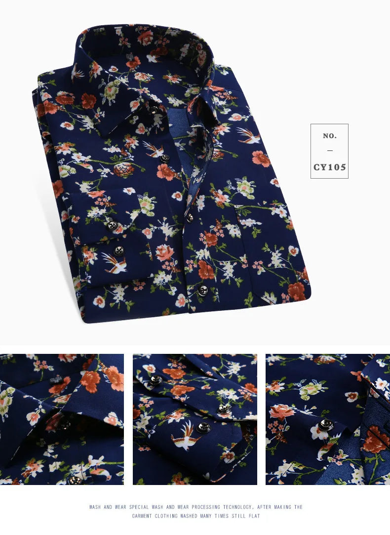 Quality Retro Floral Printed Man Casual Shirts Fashion Classic Men Dress Shirt Breathable Men's Long Sleeve Brand Clothing