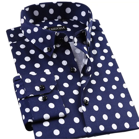 Men's Polka Dot Printing Long Sleeve Shirt Fashion Male Dress Shirts Casual Formal Cotton Clothing