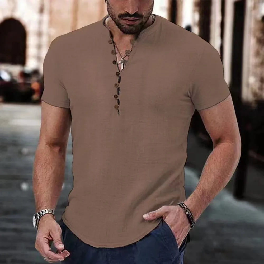 New Men's Short Sleeve Tshirt V neck button Cotton Linen Shirt Men's Casual Clothes Popular Tops for Men