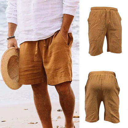 2023 Fashion New Summer Men's Solid Short Casual Shorts Drawstring Breathable Beach Pants Cotton linen Sports Shorts