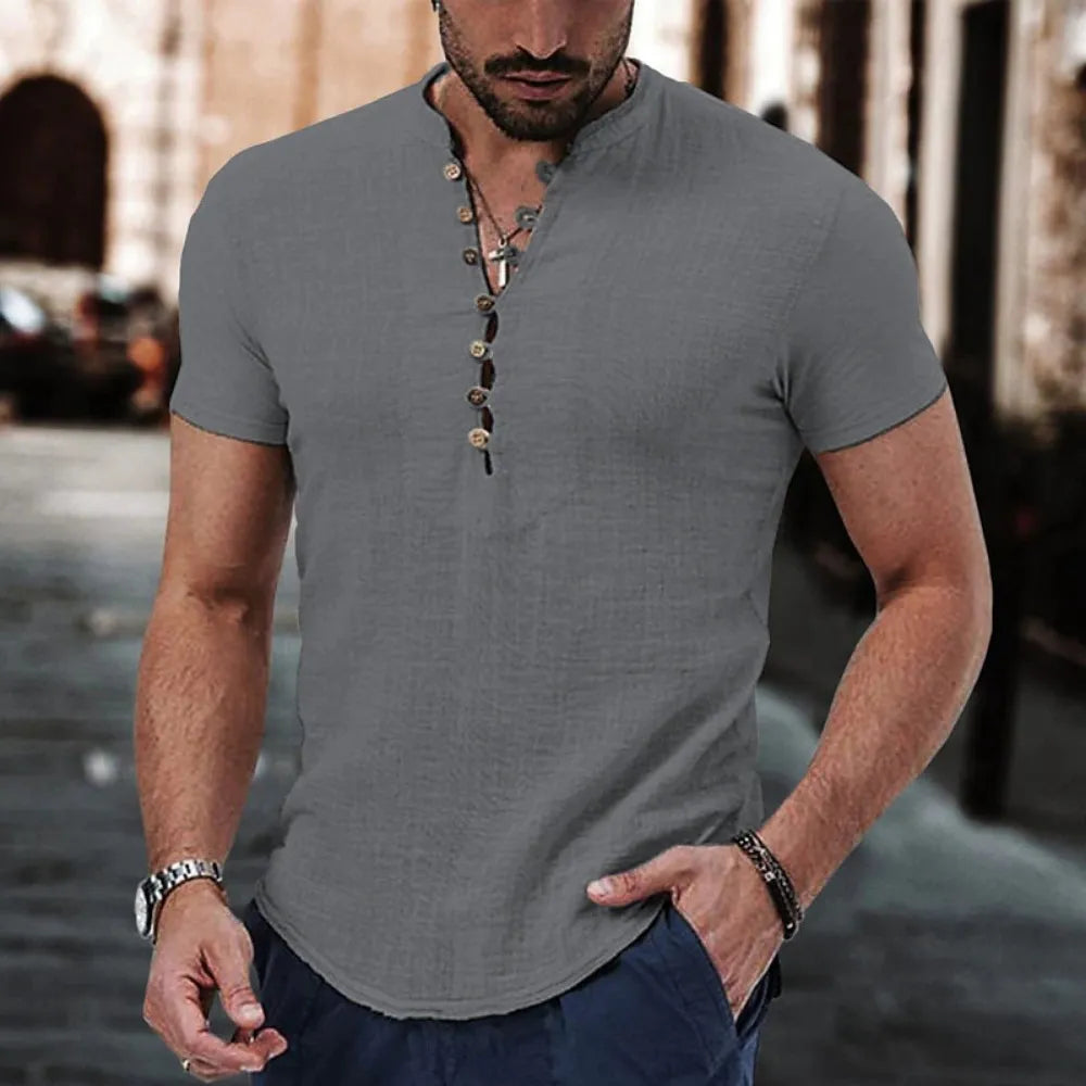 New Men's Short Sleeve Tshirt V neck button Cotton Linen Shirt Men's Casual Clothes Popular Tops for Men