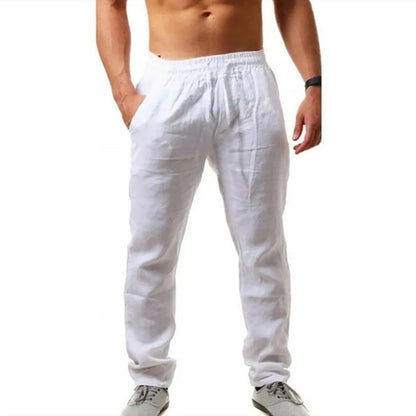 Men's Cotton Linen Long Pants Summer Solid Color Breathable Linen Trousers Male Casual Elastic Waist Casual Pants