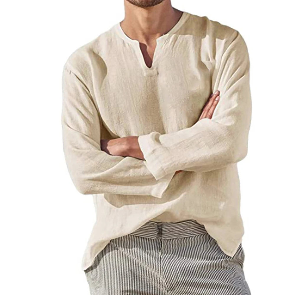 Cotton Linen Men Shirt Brief Breathable Comfy Solid Color Long Sleeve V neck