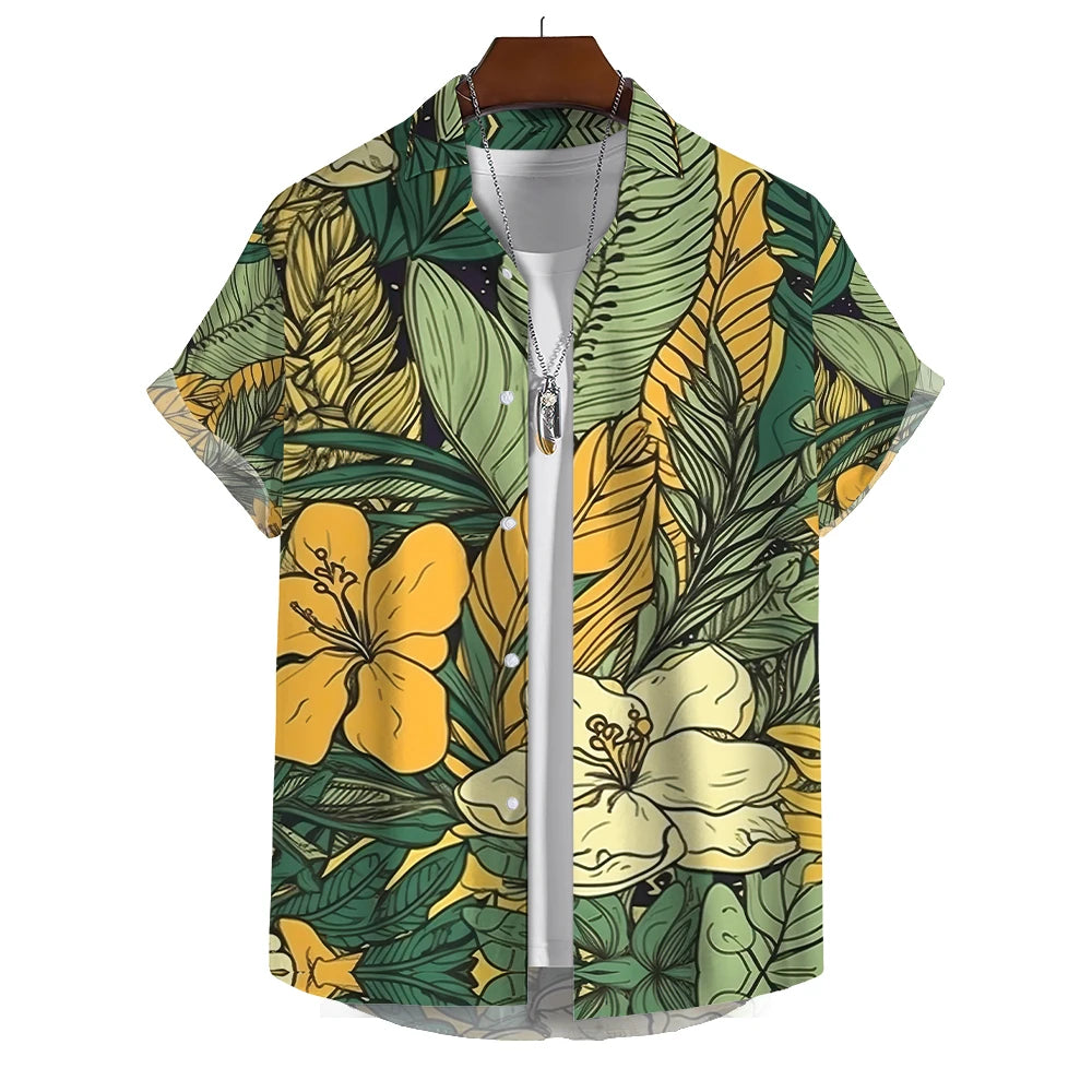 Mens Shirt Large Graphic Print Summer Short-Sleeved Hawaiian Beach Fashion