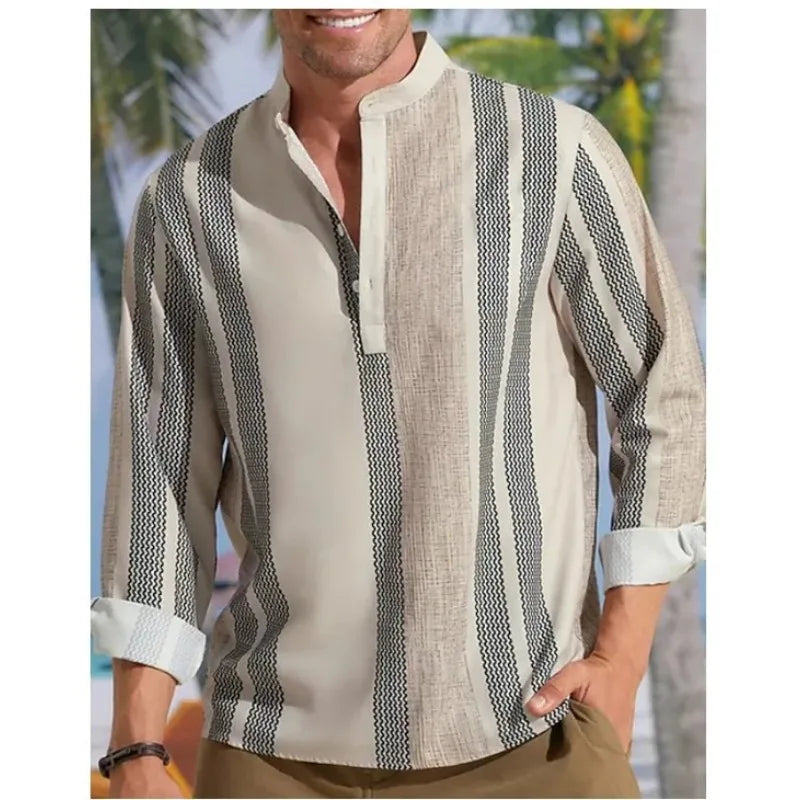 Shirt for Men Fashion Loose Long Sleeve V-Neck Stripe Clothing Beach Casual Retro Street Chic Print Menswear