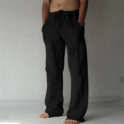 Basic Solid Color Men's Linen Trousers Casual Loose Drawstring Beach Pants