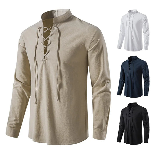 2024 New Men's Casual Blouse Cotton Linen Shirt Tops Long Sleeve Shirts