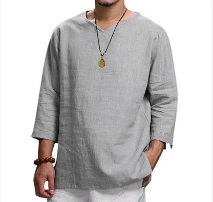 Men's New 3/4 Sleeve Loose Solid Casual Pullover Shirt