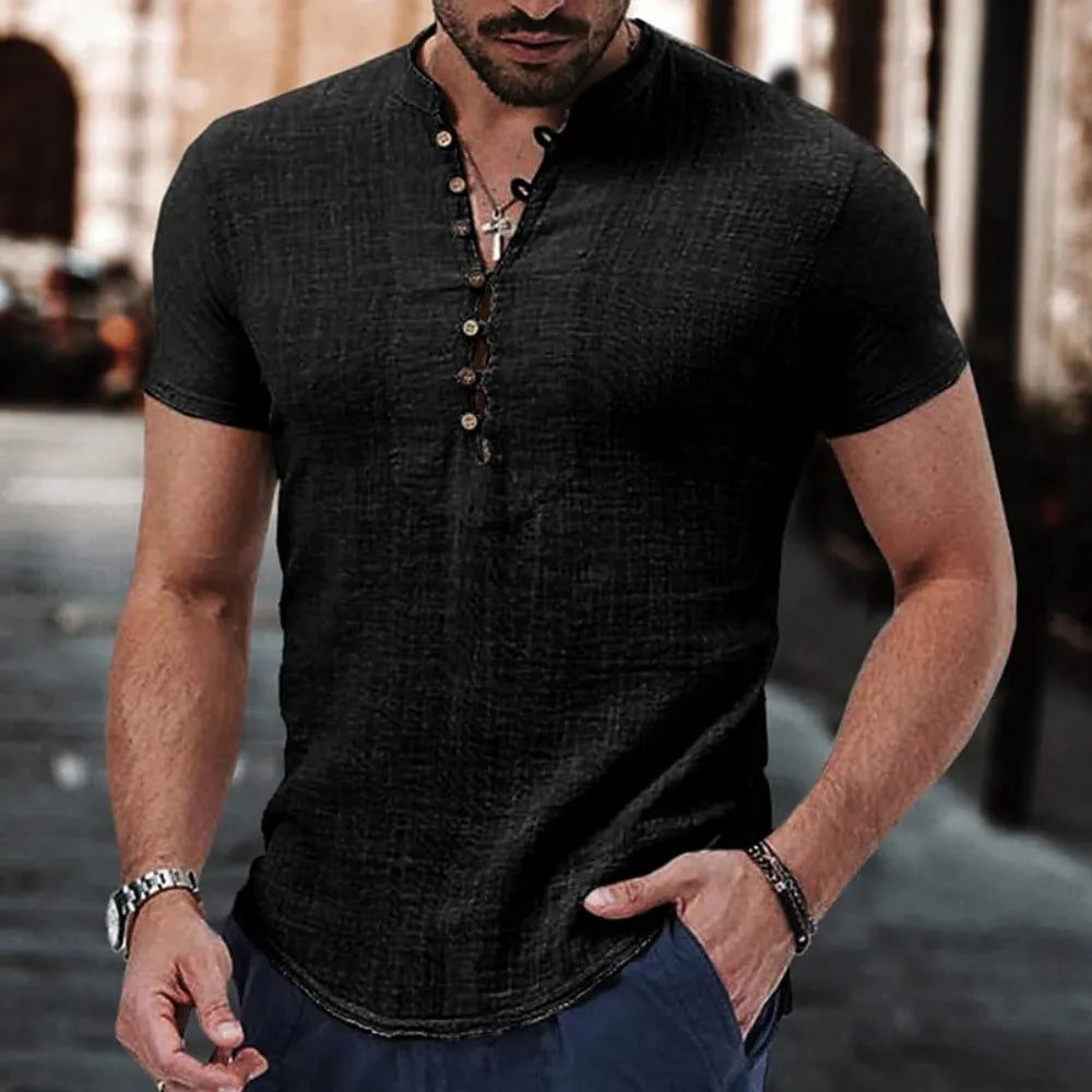 New Men's Short Sleeve Tshirt V neck button Cotton Linen Shirt Men's Casual Clothes Popular Tops for Men