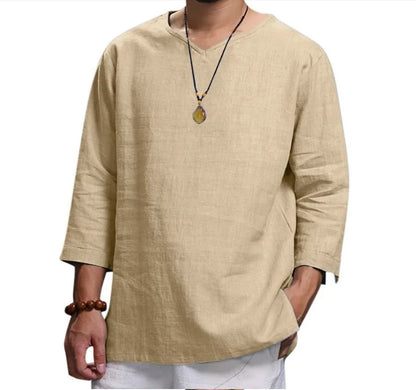 Men's New 3/4 Sleeve Loose Solid Casual Pullover Shirt