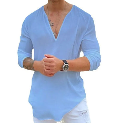 2023 European and American New Fashion V-neck Solid Color Casual Four Seasons Shirt for Men