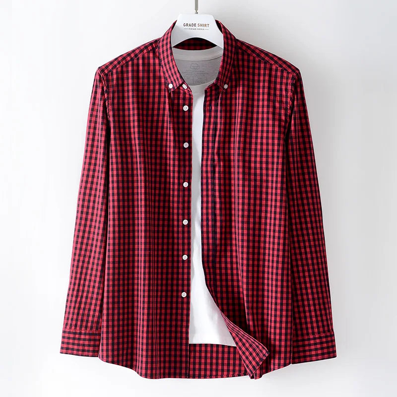 Long-sleeve shirts for men thin single pocket tops plaid social slim fit shirt trends fashion clothes