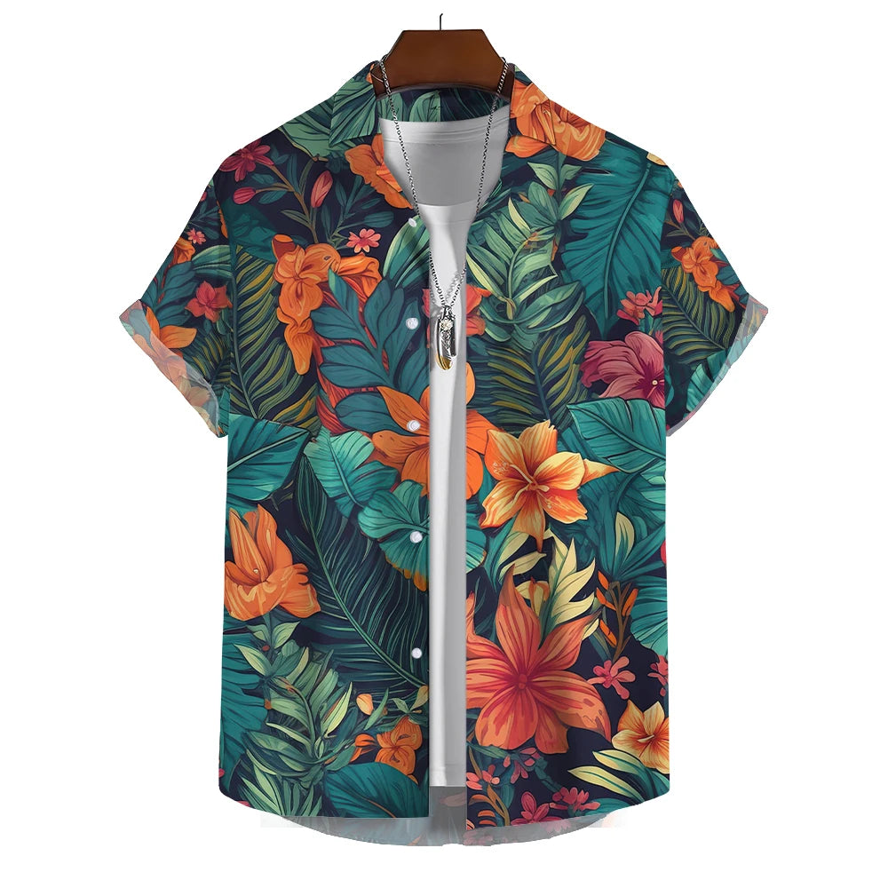 Mens Shirt Large Graphic Print Summer Short-Sleeved Hawaiian Beach Fashion