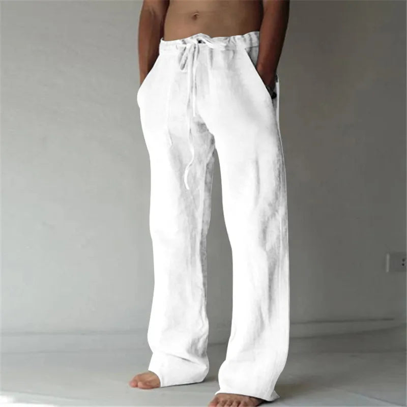 Basic Solid Color Men's Linen Trousers Casual Loose Drawstring Beach Pants