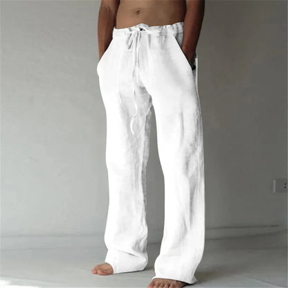 Basic Solid Color Men's Linen Trousers Casual Loose Drawstring Beach Pants