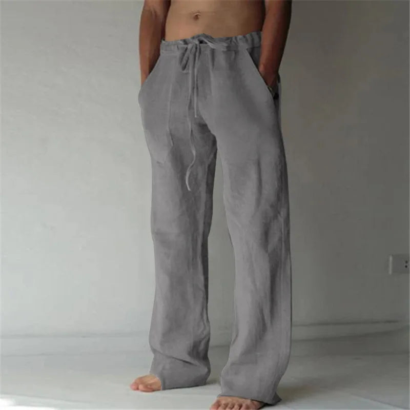 Basic Solid Color Men's Linen Trousers Casual Loose Drawstring Beach Pants