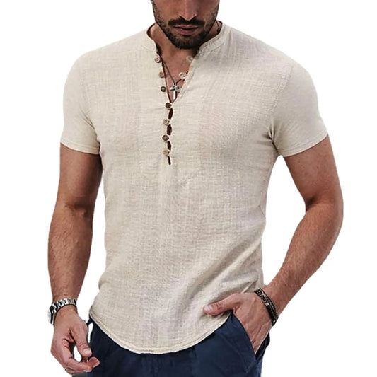 New Men's Short Sleeve Tshirt V neck button Cotton Linen Shirt Men's Casual Clothes Popular Tops for Men