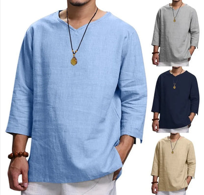 Men's New 3/4 Sleeve Loose Solid Casual Pullover Shirt