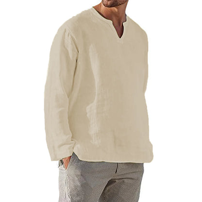 Cotton Linen Men Shirt Brief Breathable Comfy Solid Color Long Sleeve V neck